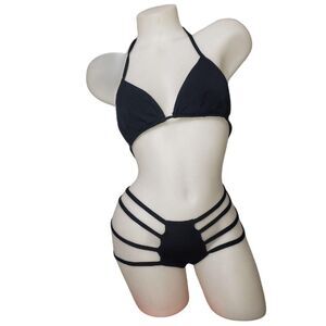 Victorias Secret Black Strappy Triangle Halter Bikini Womens Large Made in USA